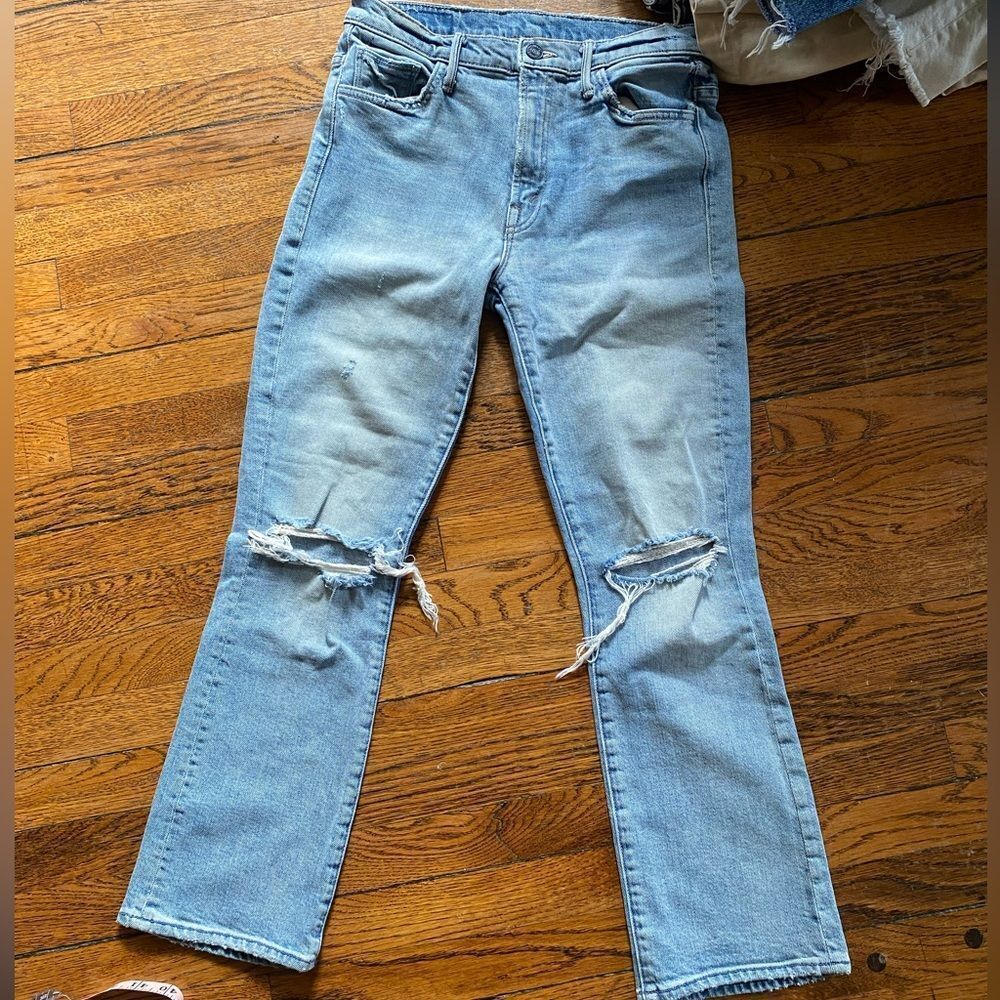 Mother denim straight legs distressed light wash jeans